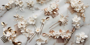 green alaska clay flower collection white florets hairpiece bridal hair piece hair pins earrings white bride
