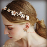 gold bridal hairpiece for weddings, flower hairpiece headband, light gold floras hair vine