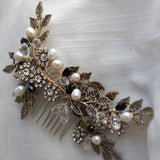 Vintage bronze hair comb, fresh water pearl,dark gold leaves, boho Bridal Headpiece,  Bridal Headpiece for Wedding