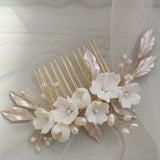 boho-bridal-hair-comb-clay-flower-with-blush-leaves light silver hair comb hair pins for bridesmaids