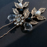 Vintage bronze hair pins, fresh water pearl,dark gold leaves, boho Bridal hair pins, Bridal Headpiece for Wedding