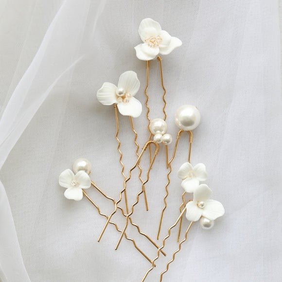 flower pearl hair pins for bride gold pearl hair pins for bridesmaid wedding hair pins pearls and clay flowers silver pearl hair pins