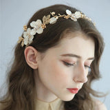 gold romantic white flowery bridal hairpiece hair vine for weddings, flower hairpiece headband, light gold floras hari vine, bridal hair accessories