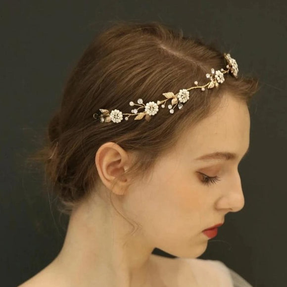 boho clay floras bridal hairpiece for weddings, daisy flower hairpiece headband, white floras hair vine