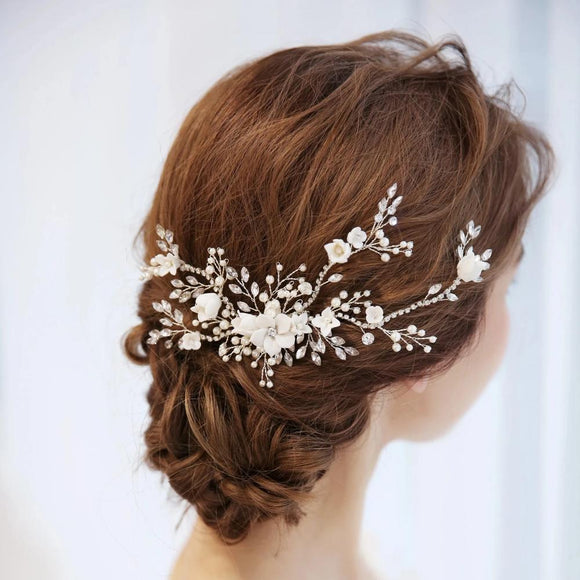 Silver White CLAY FLOWER white florets Bridal Hair comb for wedding, Hair Vine Green Alaska