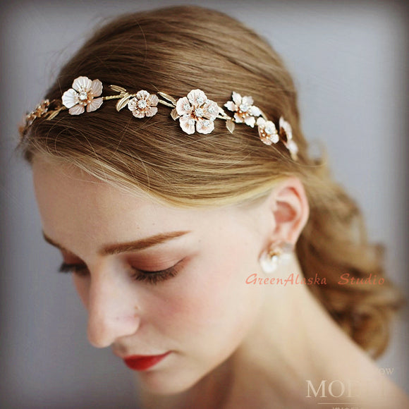 rose gold daisy bridal hairpiece for weddings, flower hairpiece headband, light gold floral hair vine