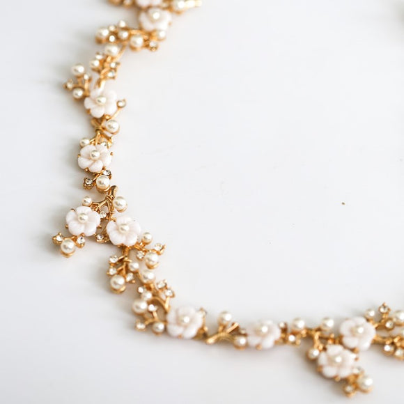 bridal hair vine gold white floret  pearl hairpiece for wedding bride