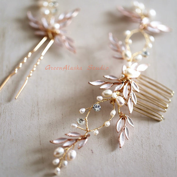 rose gold bridal hair vine back piece for bride, bride bridesmaid wedding hairpiece, rose gold leaf vine pearls