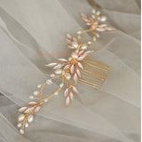 rose gold bridal hair vine back piece for bride, bride bridesmaid wedding hairpiece, rose gold leaf vine pearls