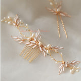 rose gold bridal hair vine back piece for bride, bride bridesmaid wedding hairpiece, rose gold leaf vine pearls