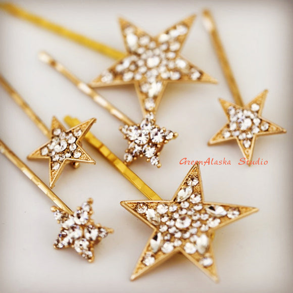 Crystal rhinestone Star celestial Hair Pins hair clips for bridesmaid bride wedding , boho bridal hair pins, gold and silver Crystal star hair accessories