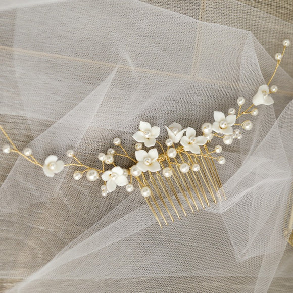 Wedding IVORY white clay flower Hair Comb Flower Hairpiece Wedding Headpiece Clay Flower Hair Piece Bridal Hair Accessories