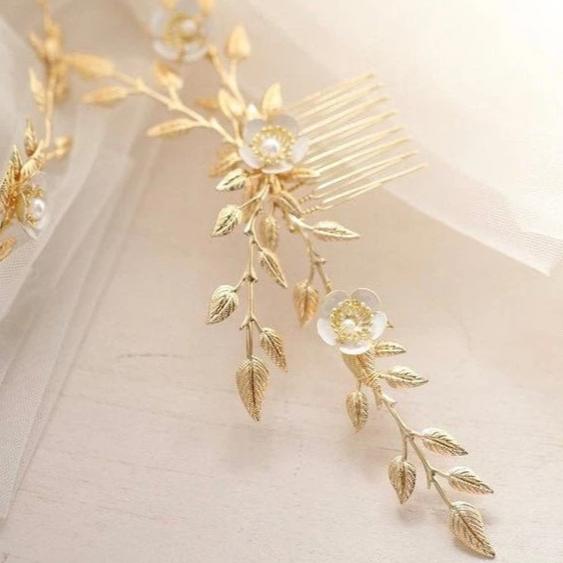 gold bridal back hairpiece, vintage roman headpiece hair comb, boho florets back comb, bride bridesmaid wedding hair comb