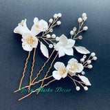 white clay floras hair comb hair pins for wedding brides bridesmaids, white flower hairpiece hair accessories