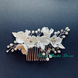 white clay floras hair comb hair pins for wedding brides bridesmaids, white flower hairpiece hair accessories