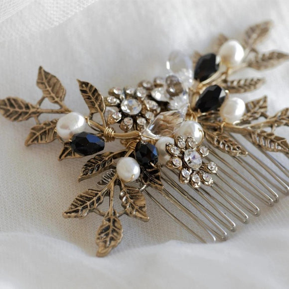 Vintage bronze hair comb, fresh water pearl,dark gold leaves, boho Bridal Headpiece,  Bridal Headpiece for Wedding