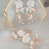  bridal hair comb and earrings set, made with clay florets and rose gold leaf. rose gold tone hair comb white flower hair comb for bride. earrings for bride for bridesmaids