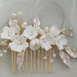 boho-bridal-hair-comb-clay-flower-with-blush-leaves light silver hair comb hair pins for bridesmaids