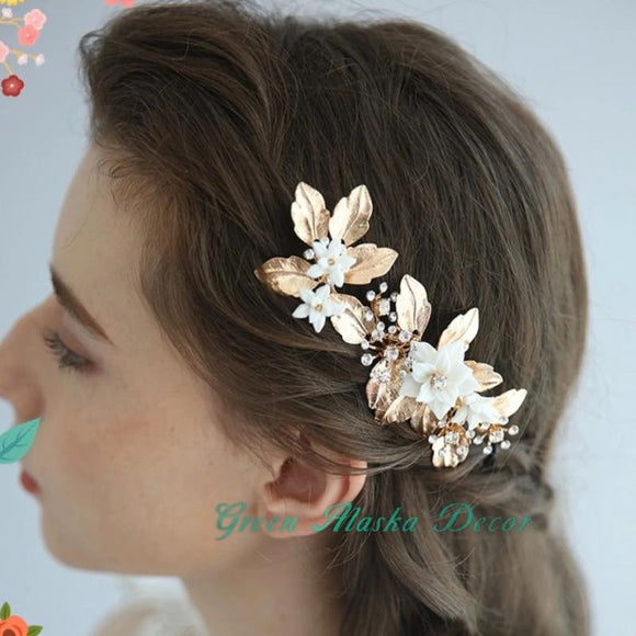 gold white clay floras hair comb hair pins for wedding brides bridesmaids, white flower hairpiece hair accessories