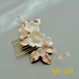 bridal hair comb and earrings set, clay florets and light gold leaf. light gold tone hair comb white flower hair comb for bride. earrings for bride for bridesmaids