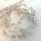 V132. extra long pearl crystal silver hair vine,  bridal hairpiece for wedding.