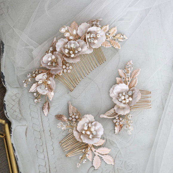 Bridal Headpiece Blush Wedding Haircomb with Flowers and Rhinestones Vintage Inspired Wedding Hair Accessory peachy  gold comb