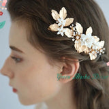 gold white clay floras hair comb hair pins for wedding brides bridesmaids, white flower hairpiece hair accessories