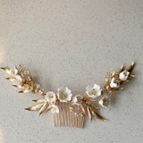 boho gold hair comb white flower white floret florals hair comb hairpiece for bride hair comb for wedding 
