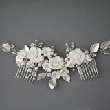 silver Pearls and ROSES HAIR COMB for wedding Hand sculpted clay flowers, freshwater pearls, crystal beads | wedding, bridal, special occasion hair accessory