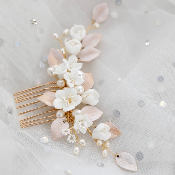 Wedding blush white clay flower Hair Comb Flower Hairpiece Wedding Headpiece Clay Flower Hair Piece Bridal Hair Accessories rose gold