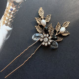 Vintage bronze hair pins, fresh water pearl,dark gold leaves, boho Bridal hair pins, Bridal Headpiece for Wedding