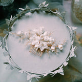 White clay flower bridal hair piece, Bridal hair comb, Wedding hair accessory, Gold wedding hair clip, white Floral hair vine