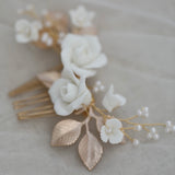  bridal hair comb and earrings set, made with clay florets and rose gold leaf. rose gold tone hair comb white flower hair comb for bride. earrings for bride for bridesmaids