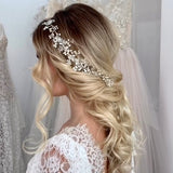 V132. extra long pearl crystal silver hair vine,  bridal hairpiece for wedding.