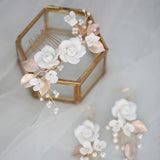  bridal hair comb and earrings set, made with clay florets and rose gold leaf. rose gold tone hair comb white flower hair comb for bride. earrings for bride for bridesmaids