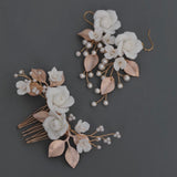  bridal hair comb and earrings set, made with clay florets and rose gold leaf. rose gold tone hair comb white flower hair comb for bride. earrings for bride for bridesmaids