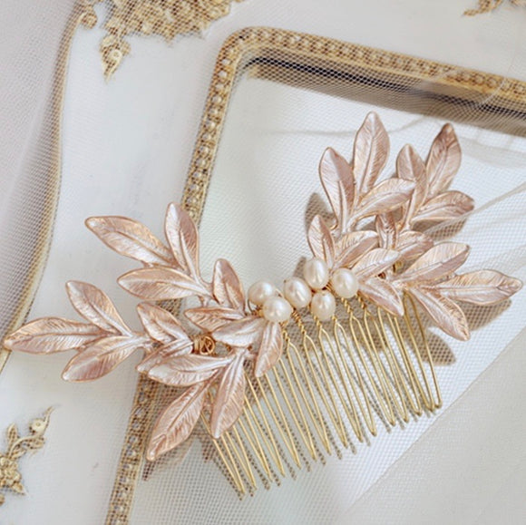 C109. blush pink leaf hair comb for bride