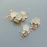 bridal hair comb and earrings set, clay florets and light gold leaf. light gold tone hair comb white flower hair comb for bride. earrings for bride for bridesmaids